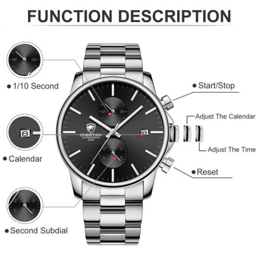 Stainless Steel Waterproof Chronograph Quartz Watch for Men Auto Date Silver NEW